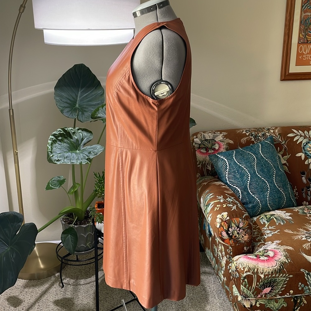 Ann Taylor Loft Cognac Brown Sleeveless Faux Leather Flare Dress - Size 12 - Picture 7 of 12